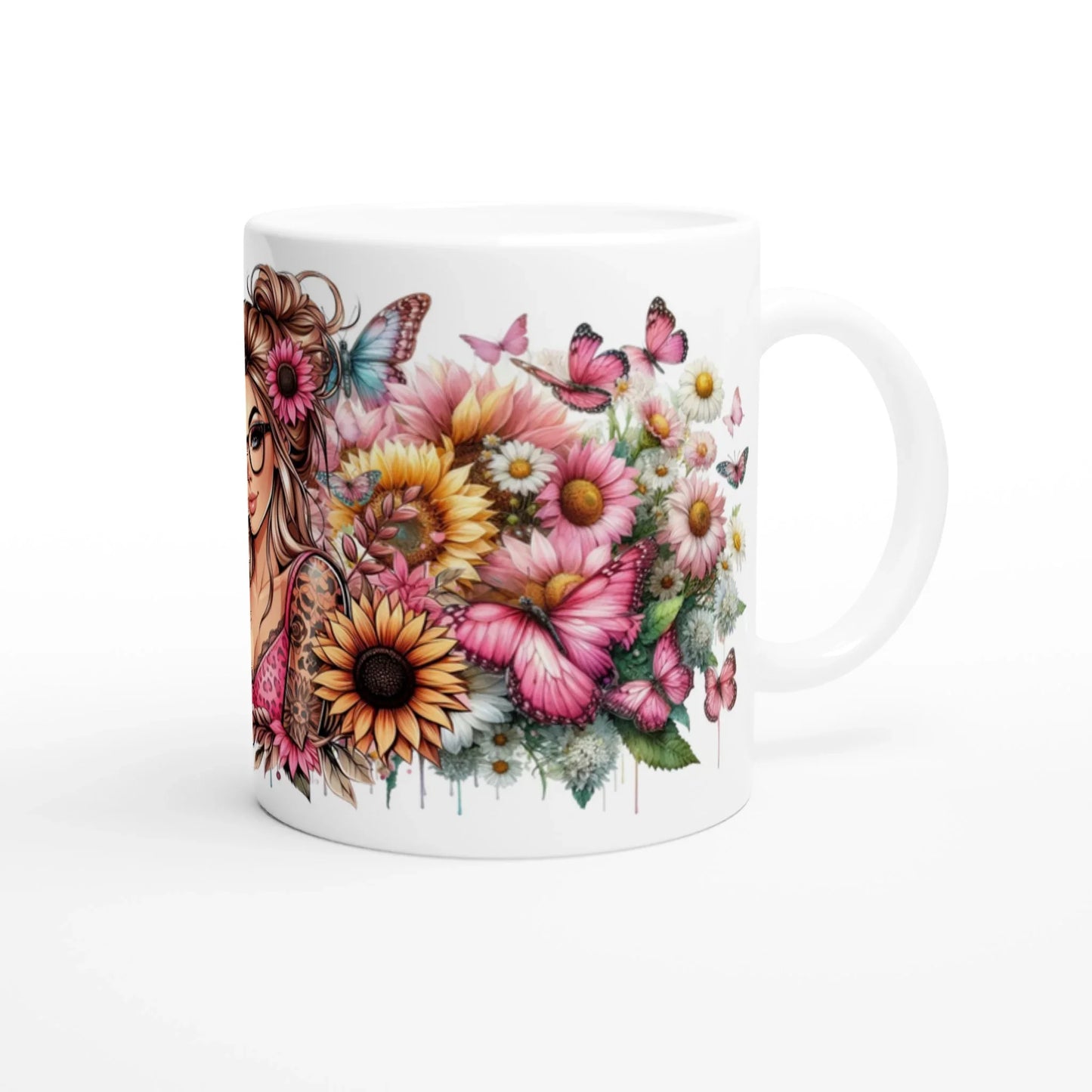 Keramiktasse blonde Frau Blumenmotiv