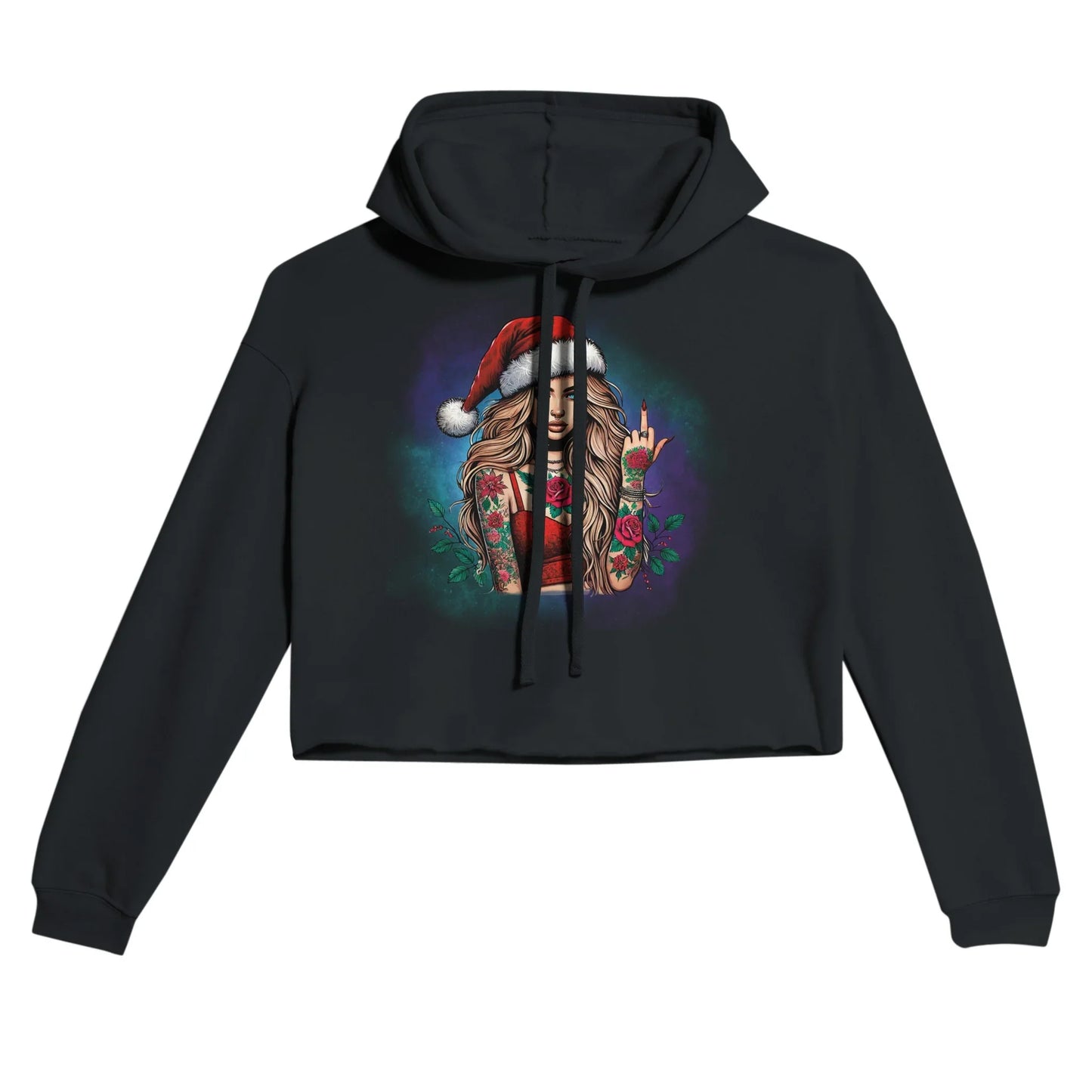 Damen Cropped Hoodie tätowierte Frau Schwarz