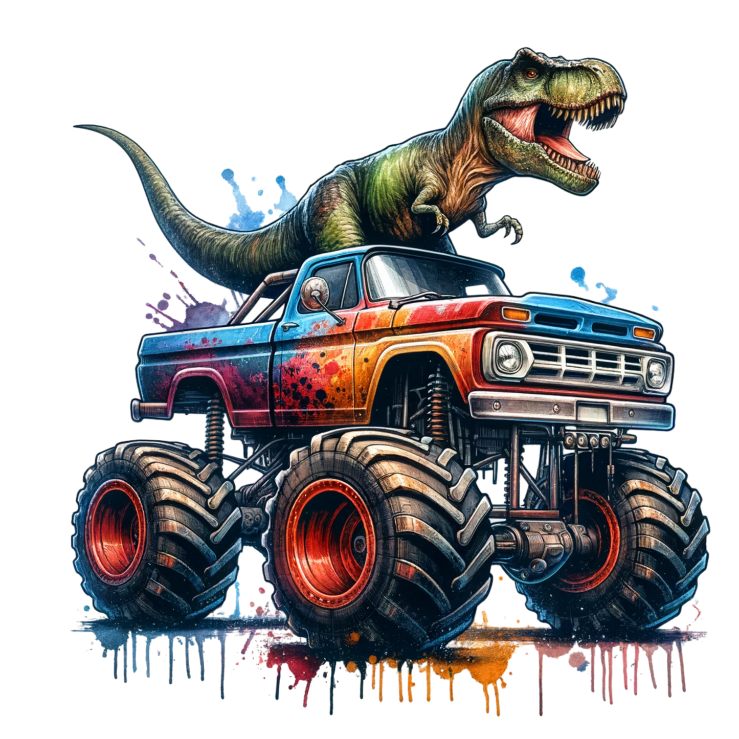 Bügelbilder Monstertruck mit Dino
