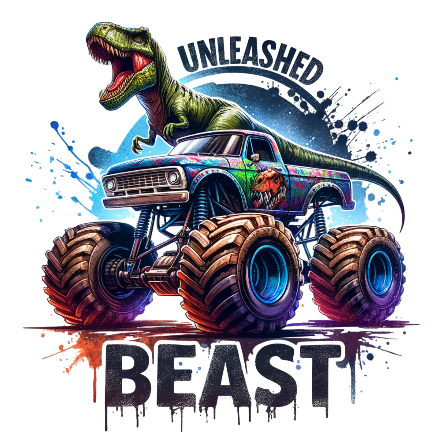 Bügelbilder Monstertruck mit Dino