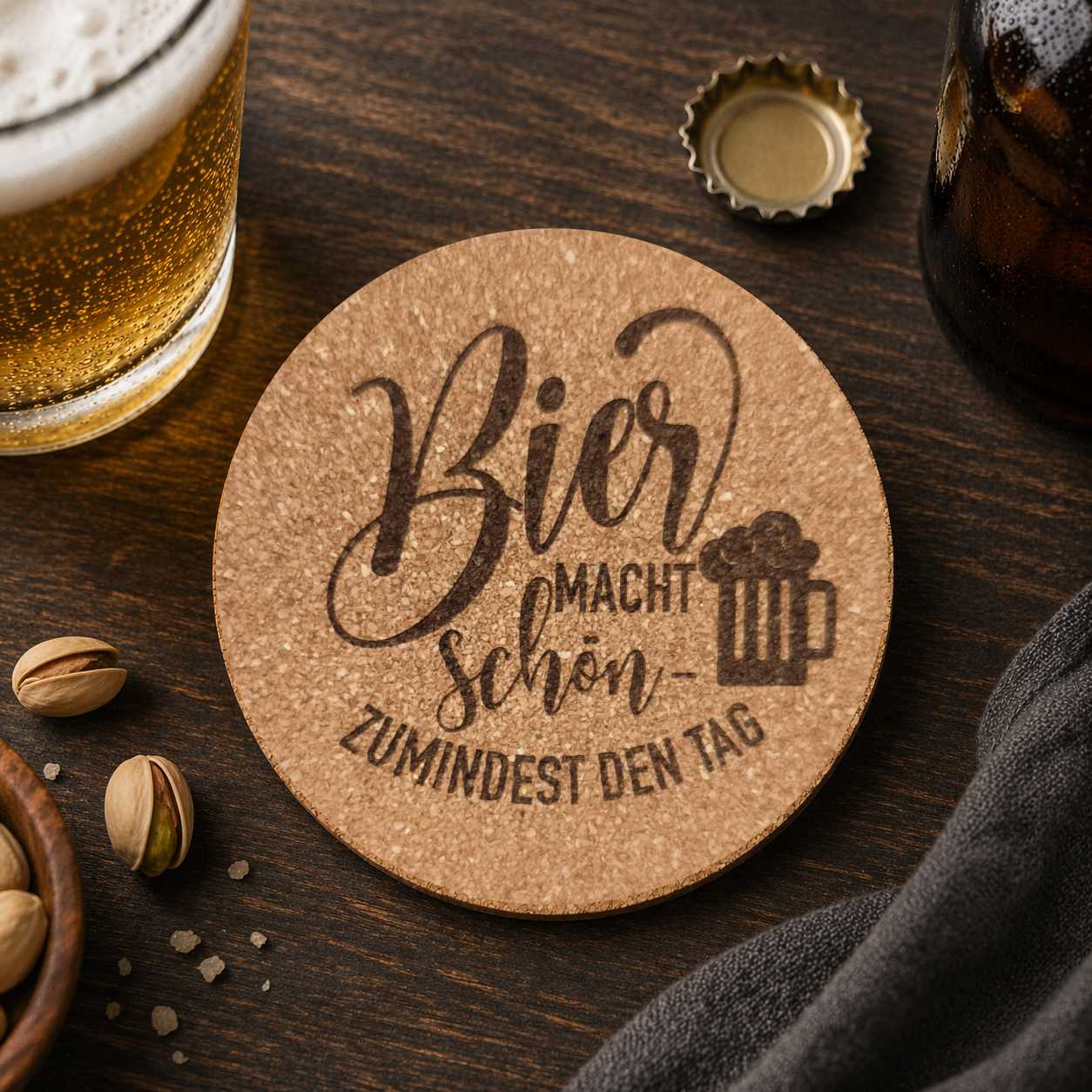 Runder Kork Untersetzer mit Laser-Gravur Bier macht schön