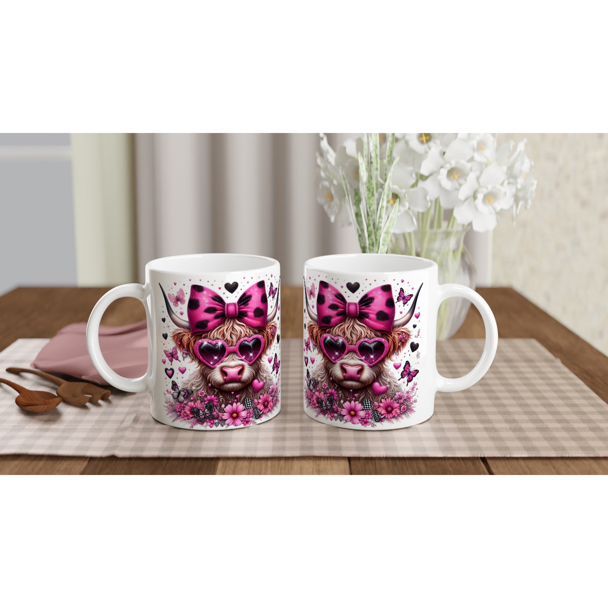 Keramiktasse Highland Kuh pinke Blumen - Magic Miracle Design