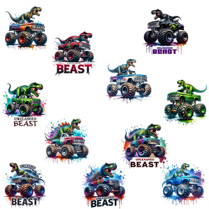 Bügelbilder Monstertruck mit Dino